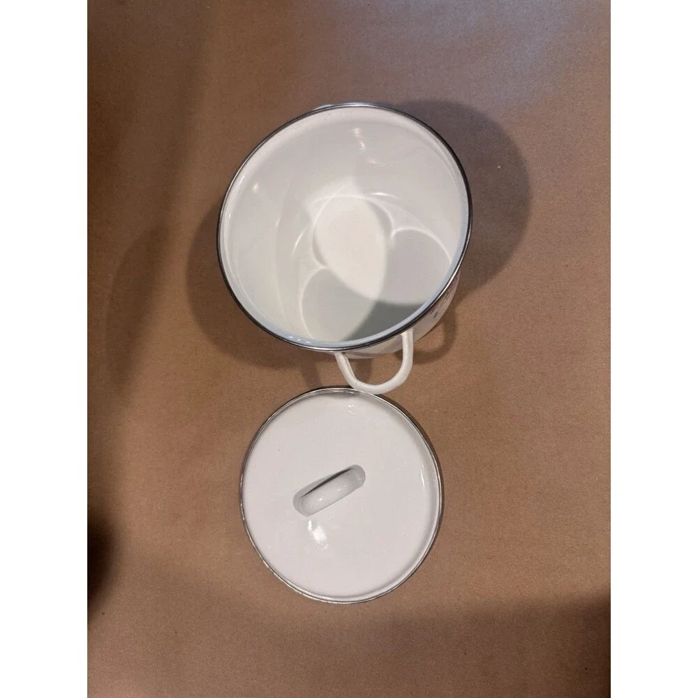 Small Floral Enamel Stockpot w/ Lid, Round Double Handle, White Multicolor